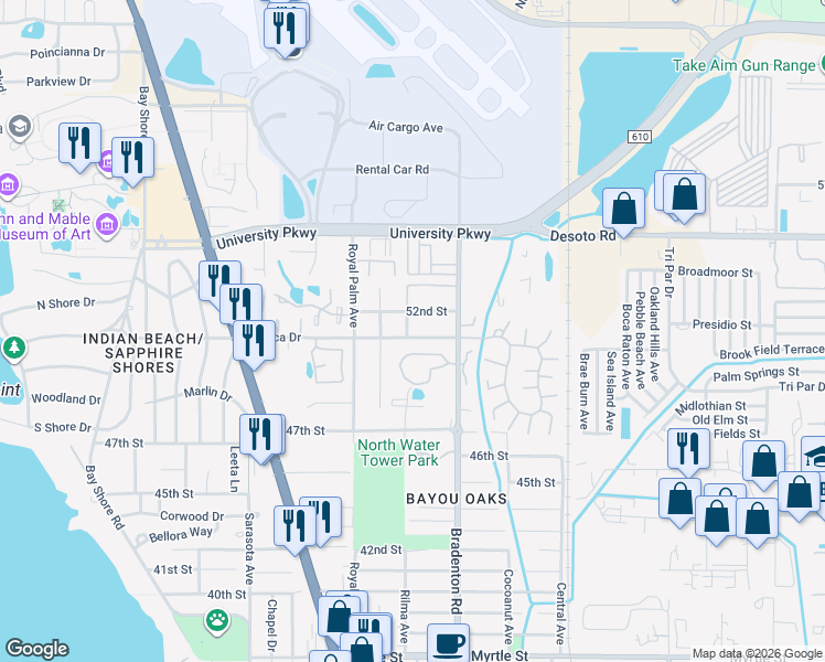 map of restaurants, bars, coffee shops, grocery stores, and more near 1142 Mecca Drive in Sarasota