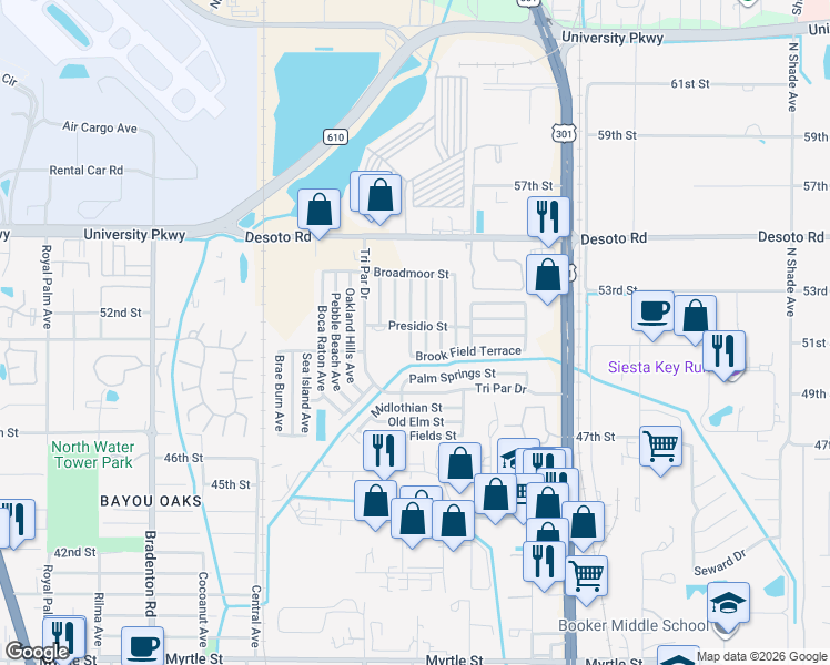 map of restaurants, bars, coffee shops, grocery stores, and more near 5113 Rancho Avenue in Sarasota