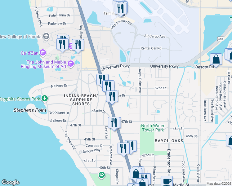 map of restaurants, bars, coffee shops, grocery stores, and more near 850 Mecca Drive in Sarasota