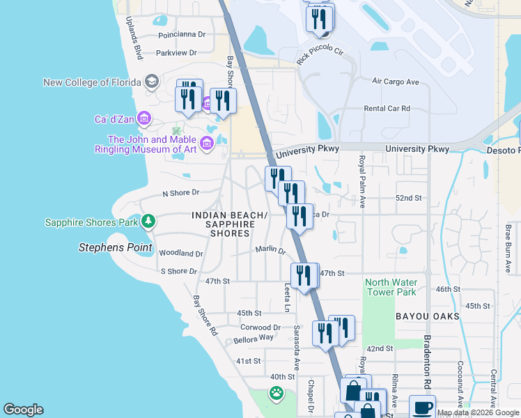 map of restaurants, bars, coffee shops, grocery stores, and more near 686 Mecca Drive in Sarasota