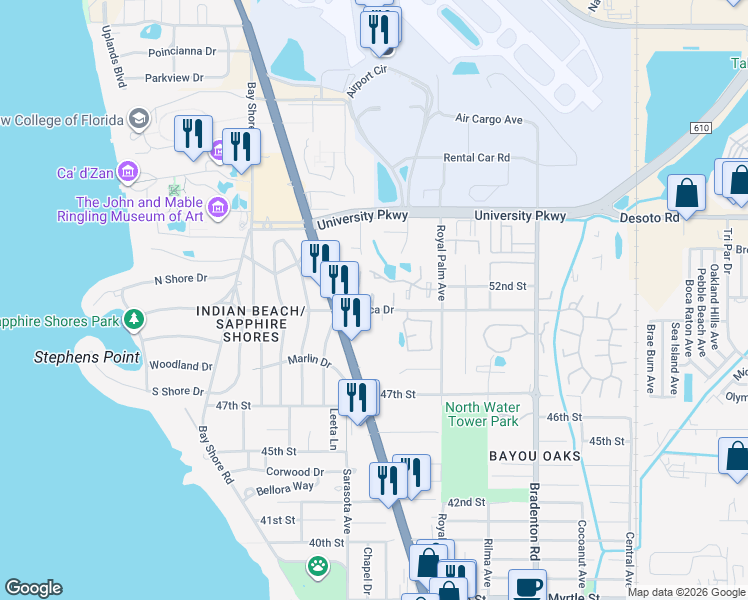 map of restaurants, bars, coffee shops, grocery stores, and more near 850 Mecca Drive in Sarasota