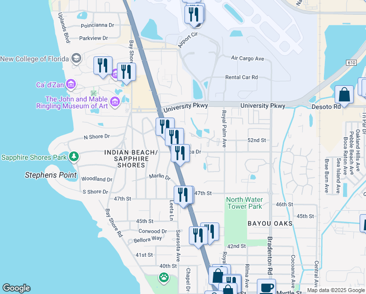 map of restaurants, bars, coffee shops, grocery stores, and more near 850 Mecca Drive in Sarasota