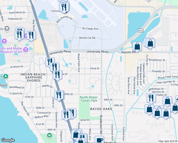 map of restaurants, bars, coffee shops, grocery stores, and more near 1080 Mecca Drive in Sarasota