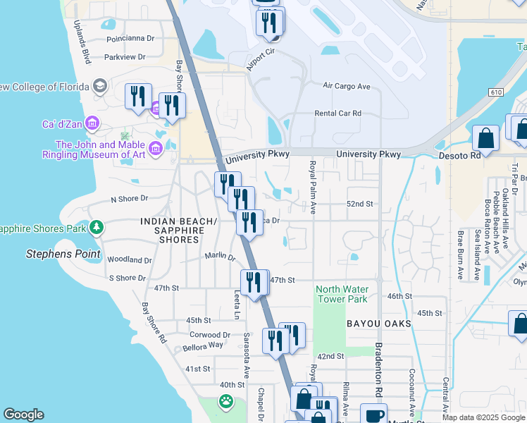 map of restaurants, bars, coffee shops, grocery stores, and more near 850 Mecca Drive in Sarasota