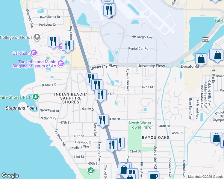 map of restaurants, bars, coffee shops, grocery stores, and more near 952 Sunridge Drive in Sarasota