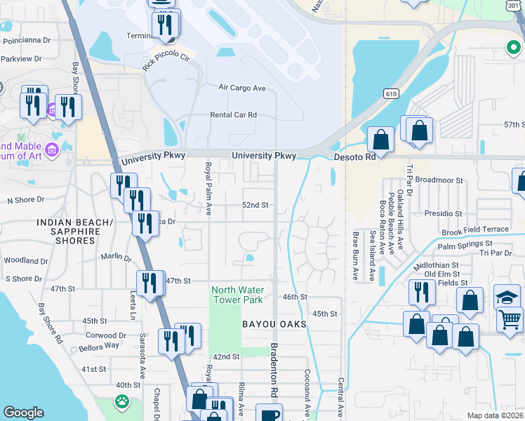map of restaurants, bars, coffee shops, grocery stores, and more near 1163 52nd Street in Sarasota