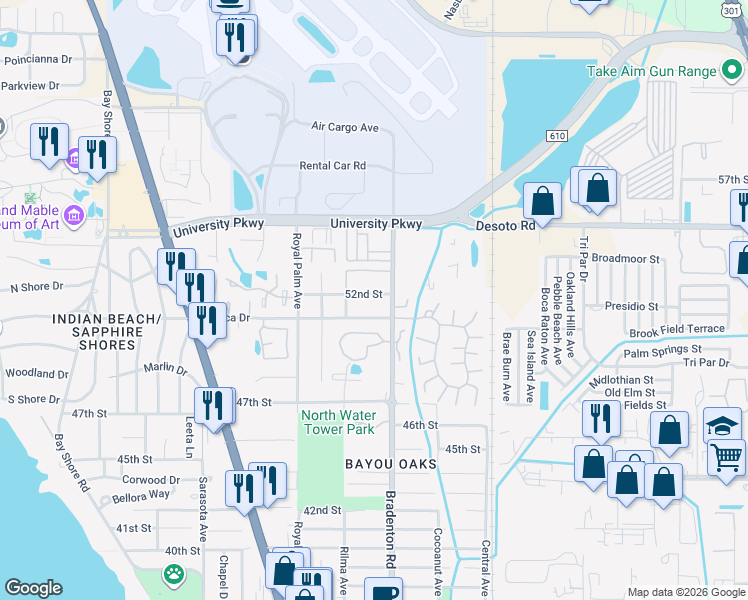 map of restaurants, bars, coffee shops, grocery stores, and more near 1163 52nd Street in Sarasota