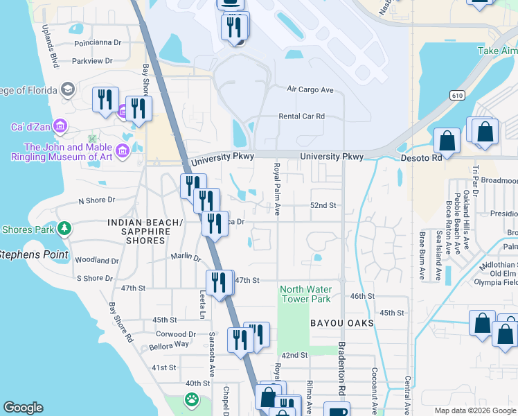 map of restaurants, bars, coffee shops, grocery stores, and more near 952 Sunridge Drive in Sarasota