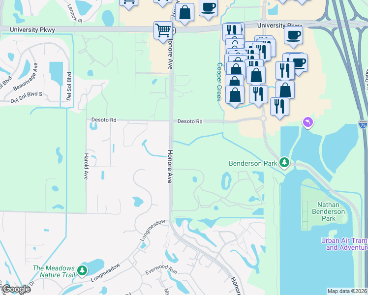 map of restaurants, bars, coffee shops, grocery stores, and more near in The Meadows