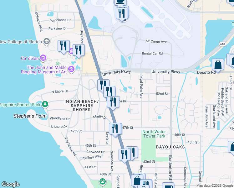 map of restaurants, bars, coffee shops, grocery stores, and more near 855 Mecca Drive in Sarasota