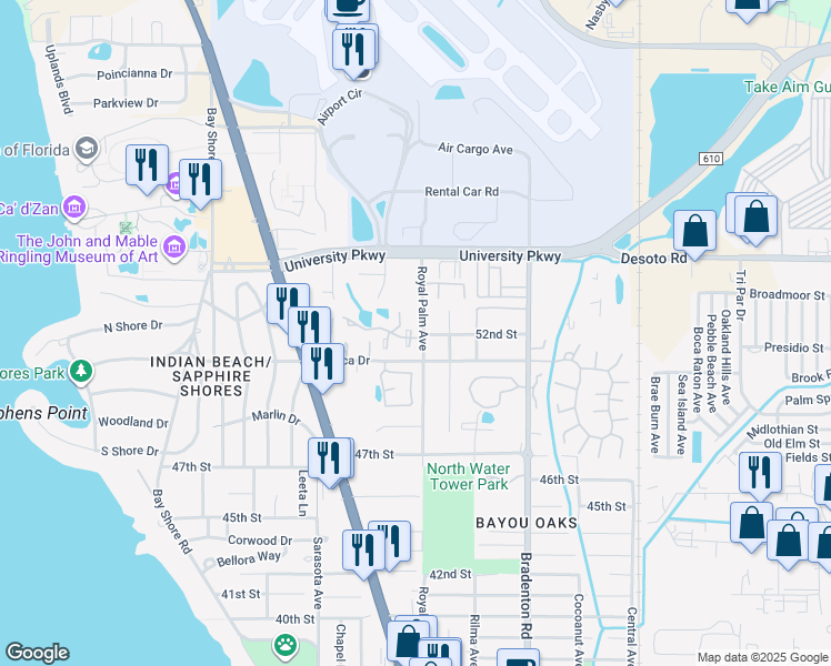 map of restaurants, bars, coffee shops, grocery stores, and more near 5210 Royal Palm Avenue in Sarasota