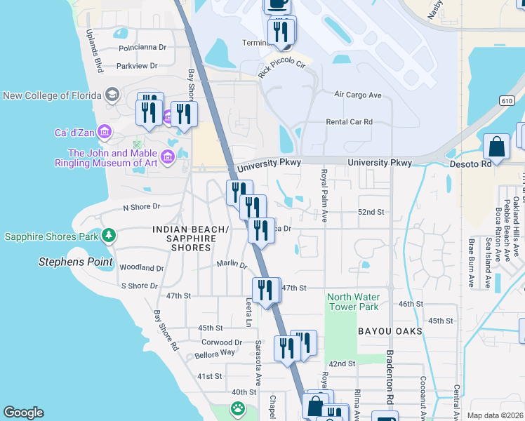 map of restaurants, bars, coffee shops, grocery stores, and more near 5230 North Tamiami Trail in Sarasota