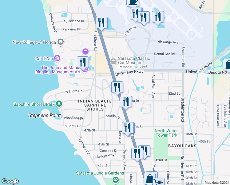 map of restaurants, bars, coffee shops, grocery stores, and more near 5211 North Tamiami Trail in Sarasota