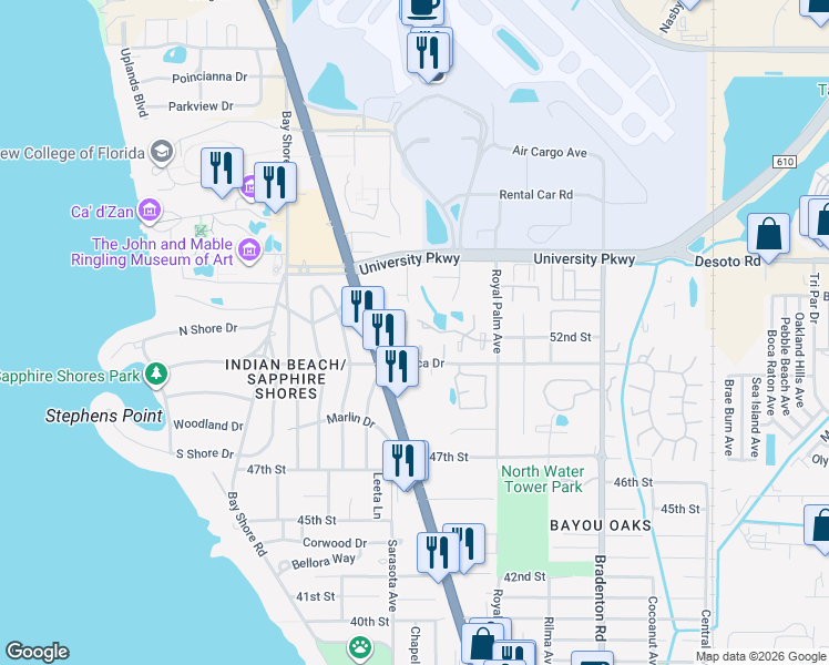 map of restaurants, bars, coffee shops, grocery stores, and more near 855 Mecca Drive in Sarasota