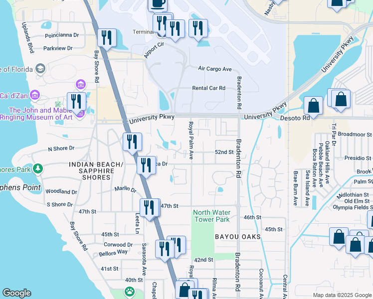map of restaurants, bars, coffee shops, grocery stores, and more near 5210 Royal Palm Avenue in Sarasota