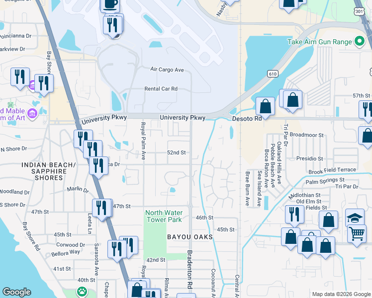 map of restaurants, bars, coffee shops, grocery stores, and more near 1163 52nd Street in Sarasota