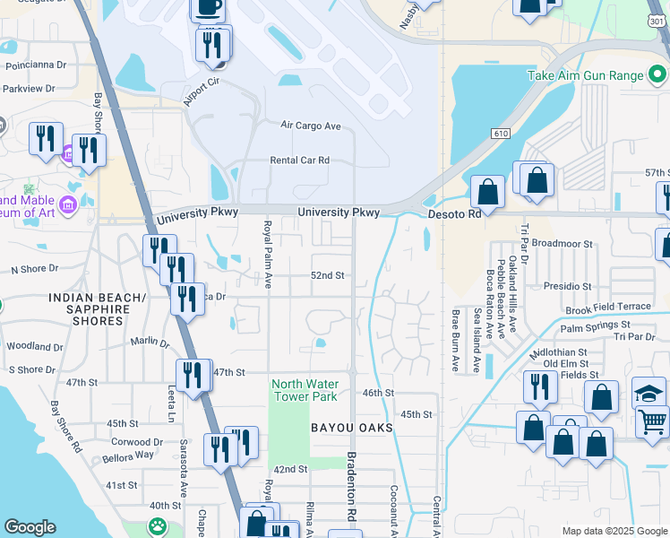 map of restaurants, bars, coffee shops, grocery stores, and more near 1163 52nd Street in Sarasota