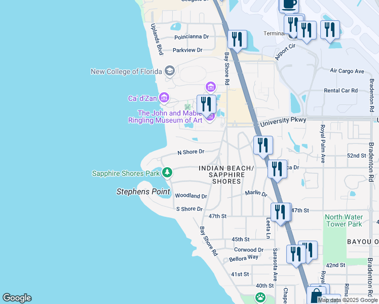 map of restaurants, bars, coffee shops, grocery stores, and more near North Shore Drive in Sarasota