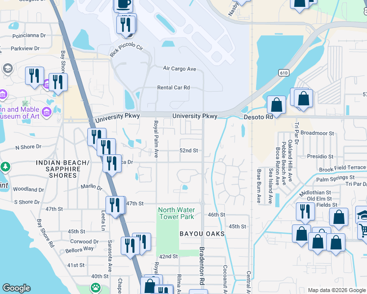 map of restaurants, bars, coffee shops, grocery stores, and more near 1163 52nd Street in Sarasota