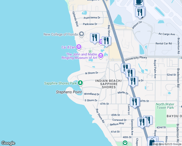 map of restaurants, bars, coffee shops, grocery stores, and more near North Shore Drive in Sarasota