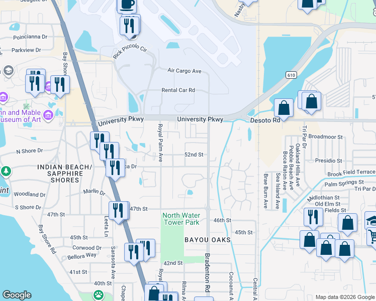 map of restaurants, bars, coffee shops, grocery stores, and more near 1163 52nd Street in Sarasota