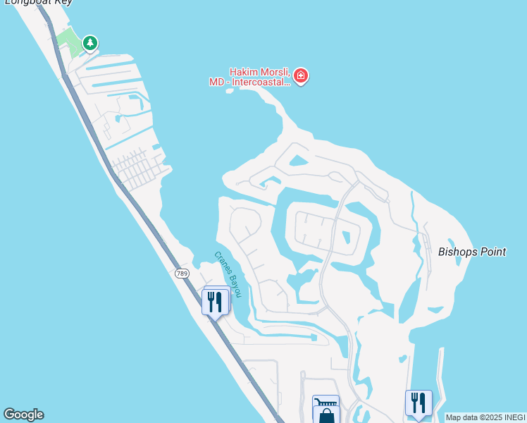 map of restaurants, bars, coffee shops, grocery stores, and more near 3611 Bayou Circle in Longboat Key