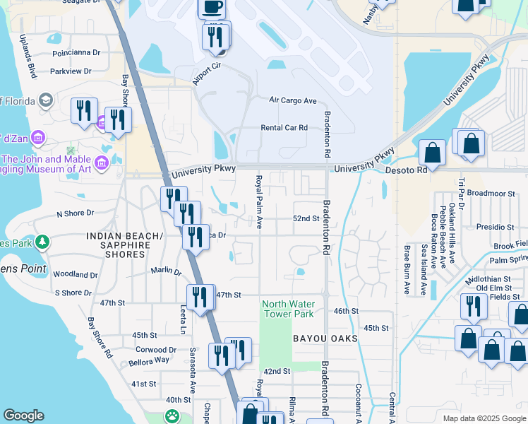 map of restaurants, bars, coffee shops, grocery stores, and more near 5210 Royal Palm Avenue in Sarasota