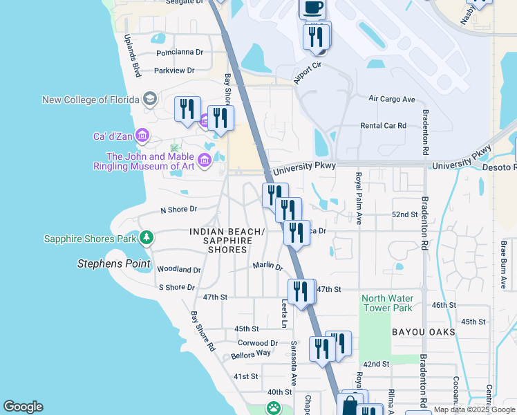 map of restaurants, bars, coffee shops, grocery stores, and more near 5221 Stevens Drive in Sarasota