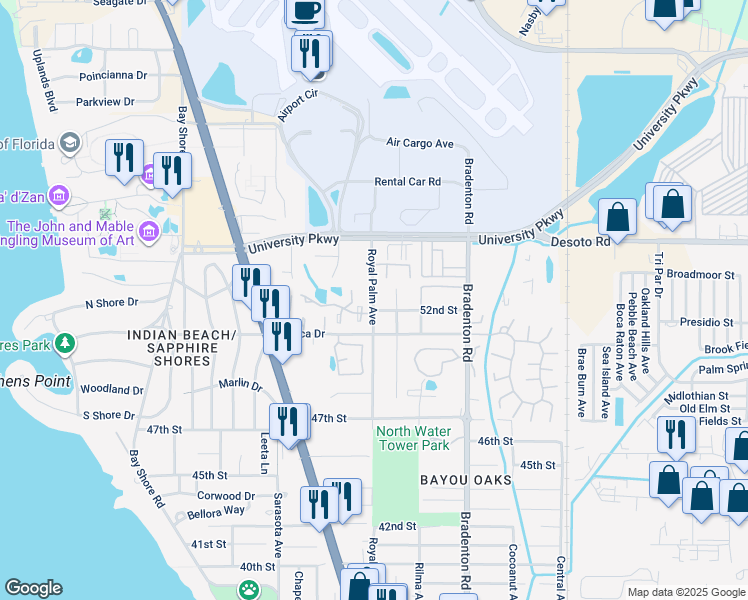 map of restaurants, bars, coffee shops, grocery stores, and more near 5212 Royal Palm Avenue in Sarasota