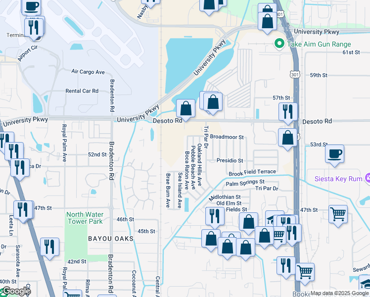 map of restaurants, bars, coffee shops, grocery stores, and more near 5255 Boca Raton Avenue in Sarasota