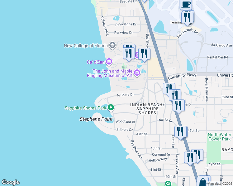 map of restaurants, bars, coffee shops, grocery stores, and more near 417 North Shore Drive in Sarasota