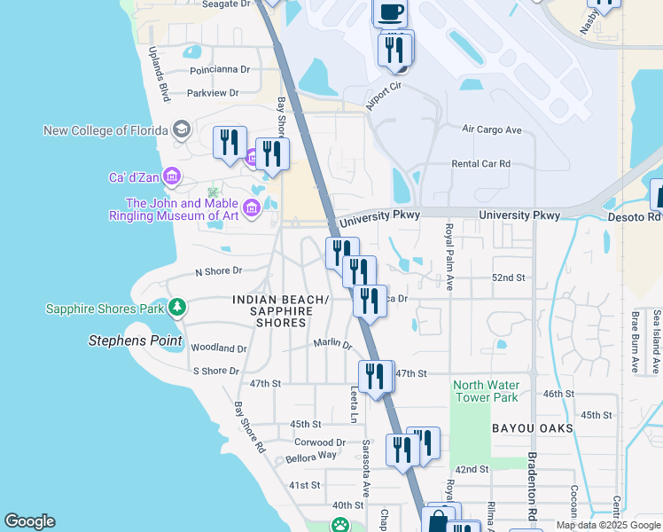map of restaurants, bars, coffee shops, grocery stores, and more near 5230 Stevens Drive in Sarasota