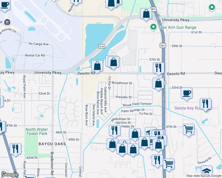 map of restaurants, bars, coffee shops, grocery stores, and more near 5273 Tri Par Drive in Sarasota