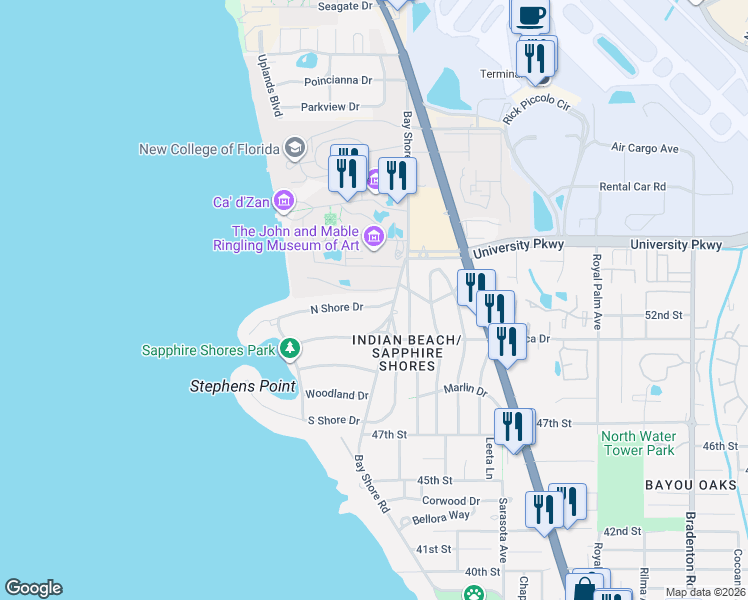 map of restaurants, bars, coffee shops, grocery stores, and more near 575 North Shore Drive in Sarasota
