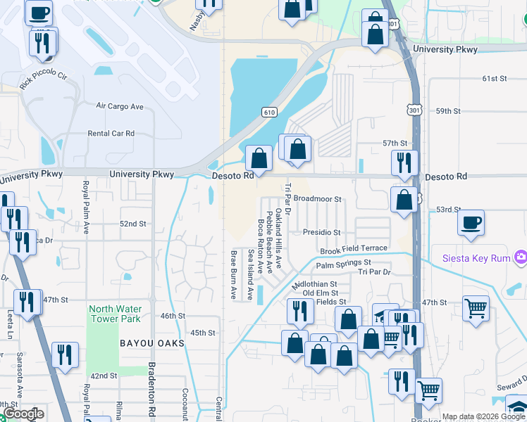 map of restaurants, bars, coffee shops, grocery stores, and more near 5255 Boca Raton Avenue in Sarasota