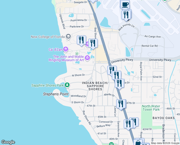 map of restaurants, bars, coffee shops, grocery stores, and more near 575 North Shore Drive in Sarasota