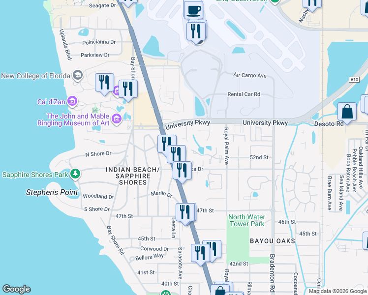 map of restaurants, bars, coffee shops, grocery stores, and more near 855 Mecca Drive in Sarasota