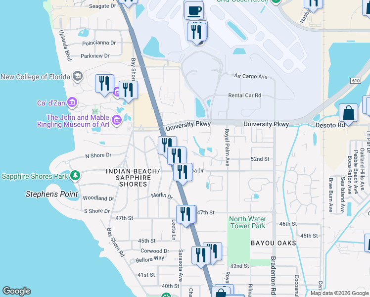 map of restaurants, bars, coffee shops, grocery stores, and more near 855 Mecca Drive in Sarasota