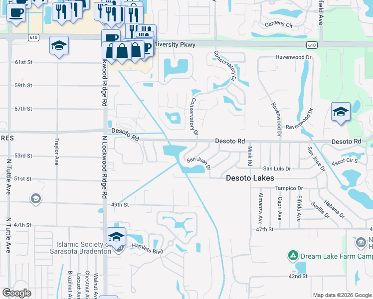 map of restaurants, bars, coffee shops, grocery stores, and more near 3524 Desoto Road in Sarasota