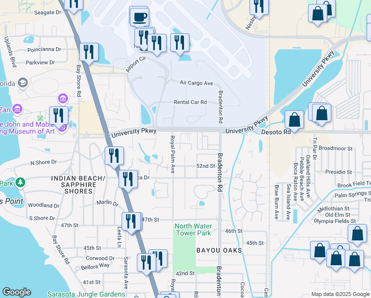 map of restaurants, bars, coffee shops, grocery stores, and more near 5394 Royal Palm Avenue in Sarasota