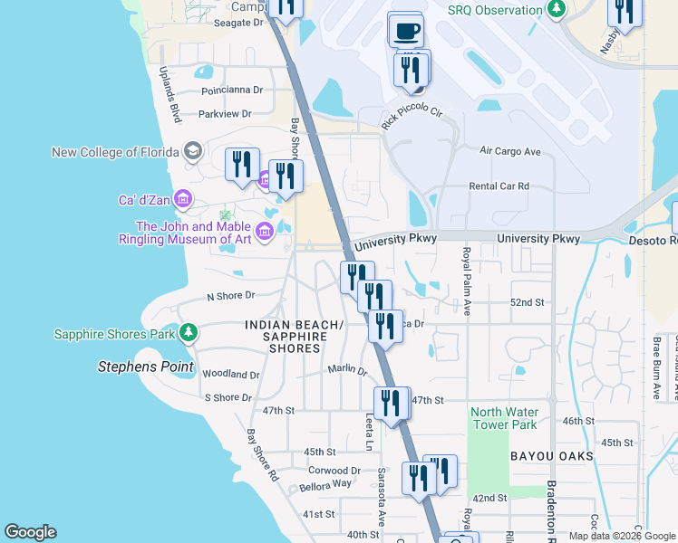 map of restaurants, bars, coffee shops, grocery stores, and more near 5320 Stevens Drive in Sarasota