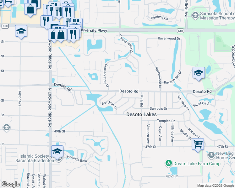 map of restaurants, bars, coffee shops, grocery stores, and more near 3622 Desoto Road in Sarasota