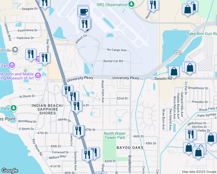 map of restaurants, bars, coffee shops, grocery stores, and more near 5394 Royal Palm Avenue in Sarasota