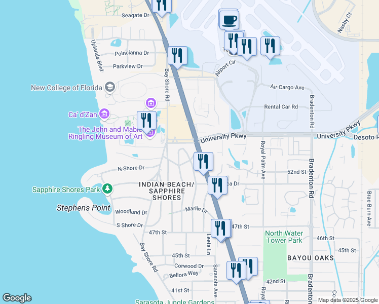 map of restaurants, bars, coffee shops, grocery stores, and more near 5320 Stevens Drive in Sarasota
