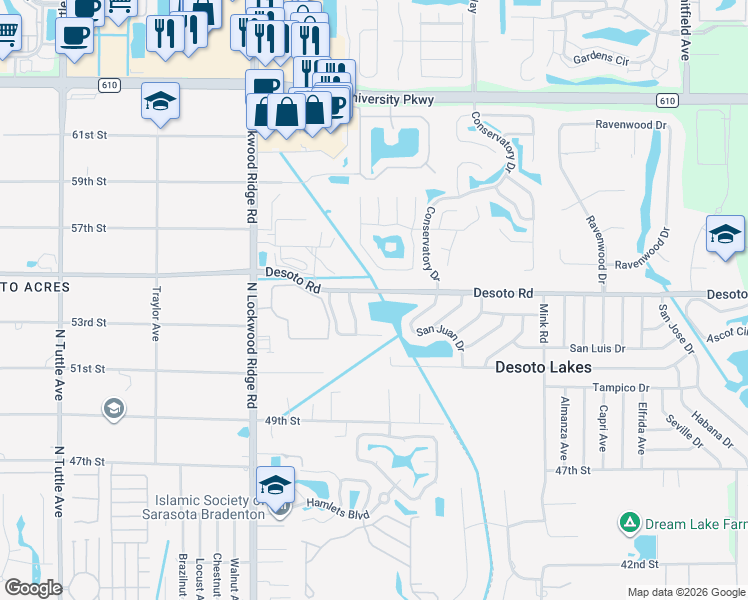 map of restaurants, bars, coffee shops, grocery stores, and more near 3440 Desoto Road in Sarasota