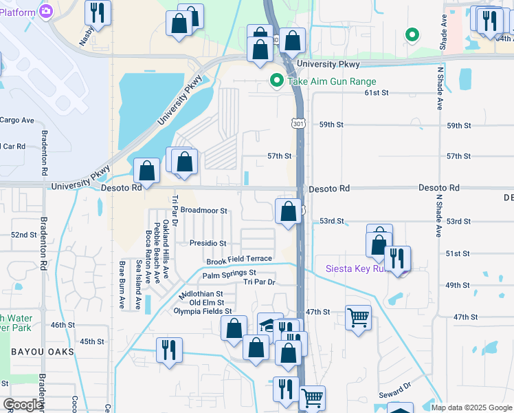 map of restaurants, bars, coffee shops, grocery stores, and more near 5479 Desoto Parkway in Sarasota