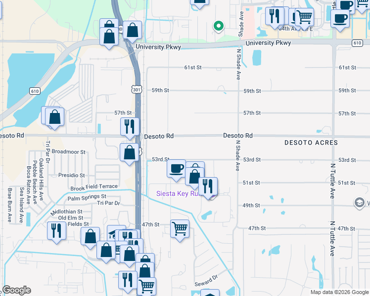 map of restaurants, bars, coffee shops, grocery stores, and more near 2140 Desoto Road in Sarasota