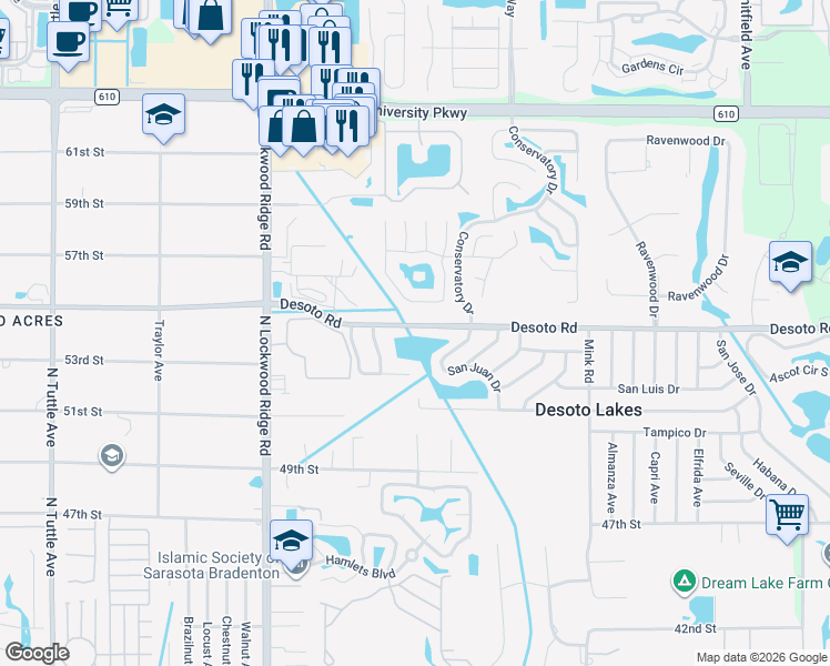 map of restaurants, bars, coffee shops, grocery stores, and more near 3440 Desoto Road in Sarasota