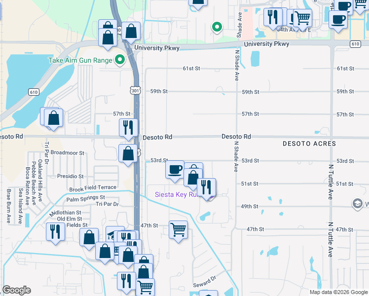 map of restaurants, bars, coffee shops, grocery stores, and more near 2140 Desoto Road in Sarasota