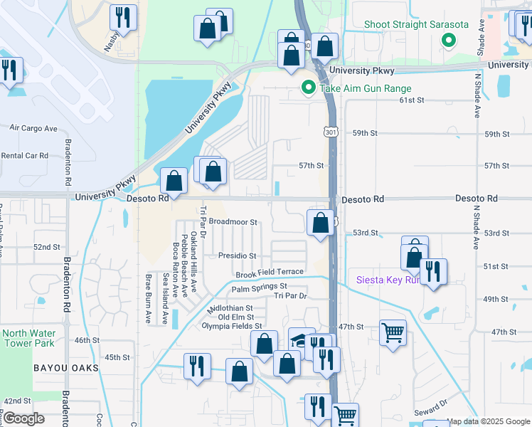 map of restaurants, bars, coffee shops, grocery stores, and more near 5193 Desoto Parkway in Sarasota